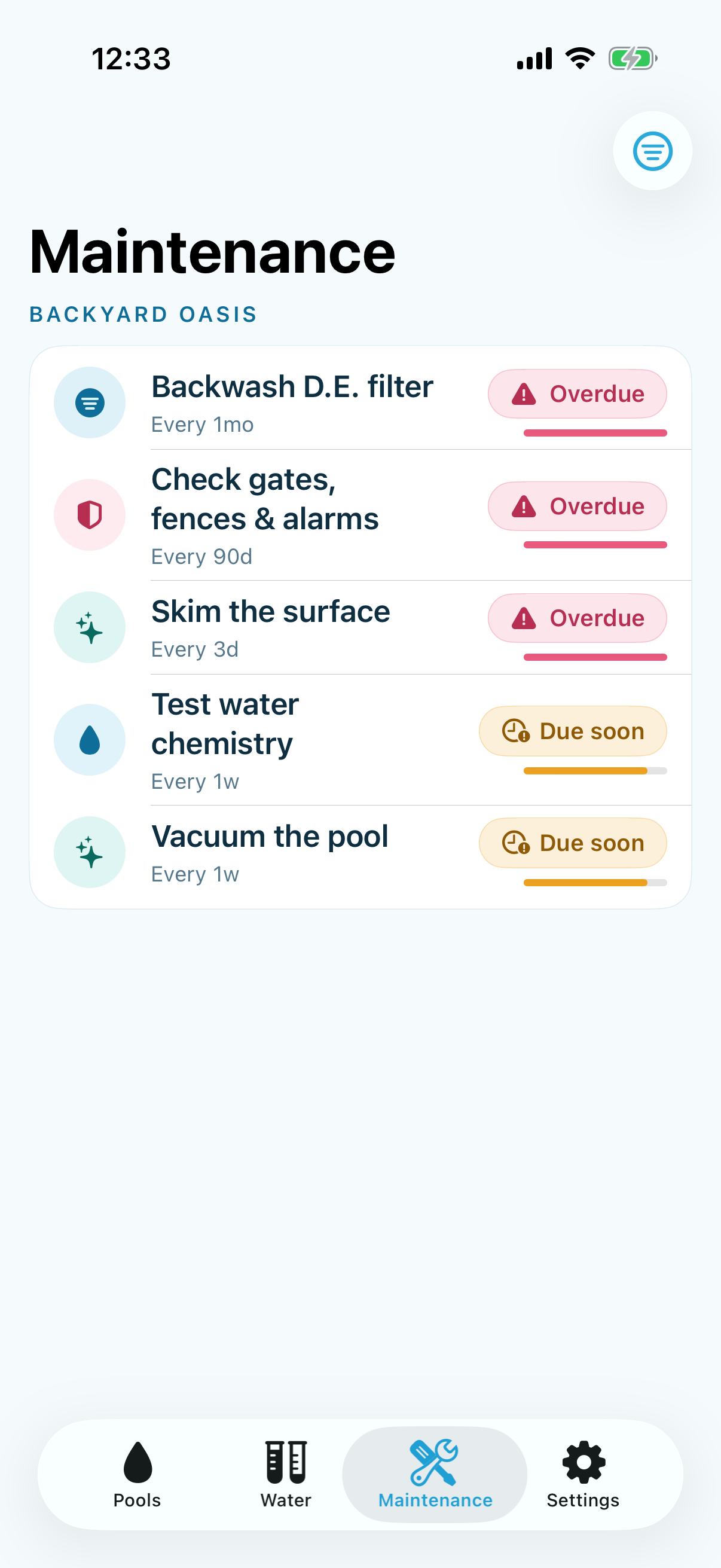 Skimmer maintenance list